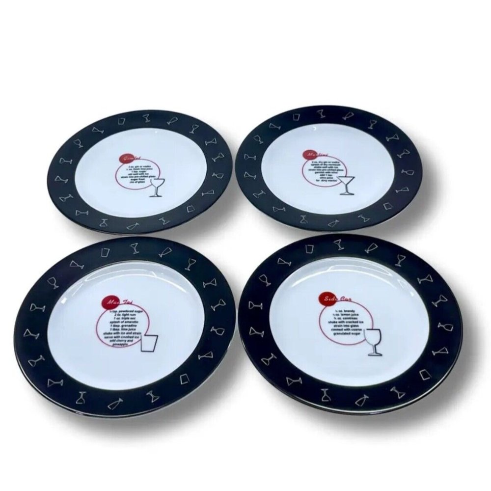 8” Pottery Barn HTF Retro Kitchen Bar Ware Cocktail Recipe On Plates Set 4 Snack
